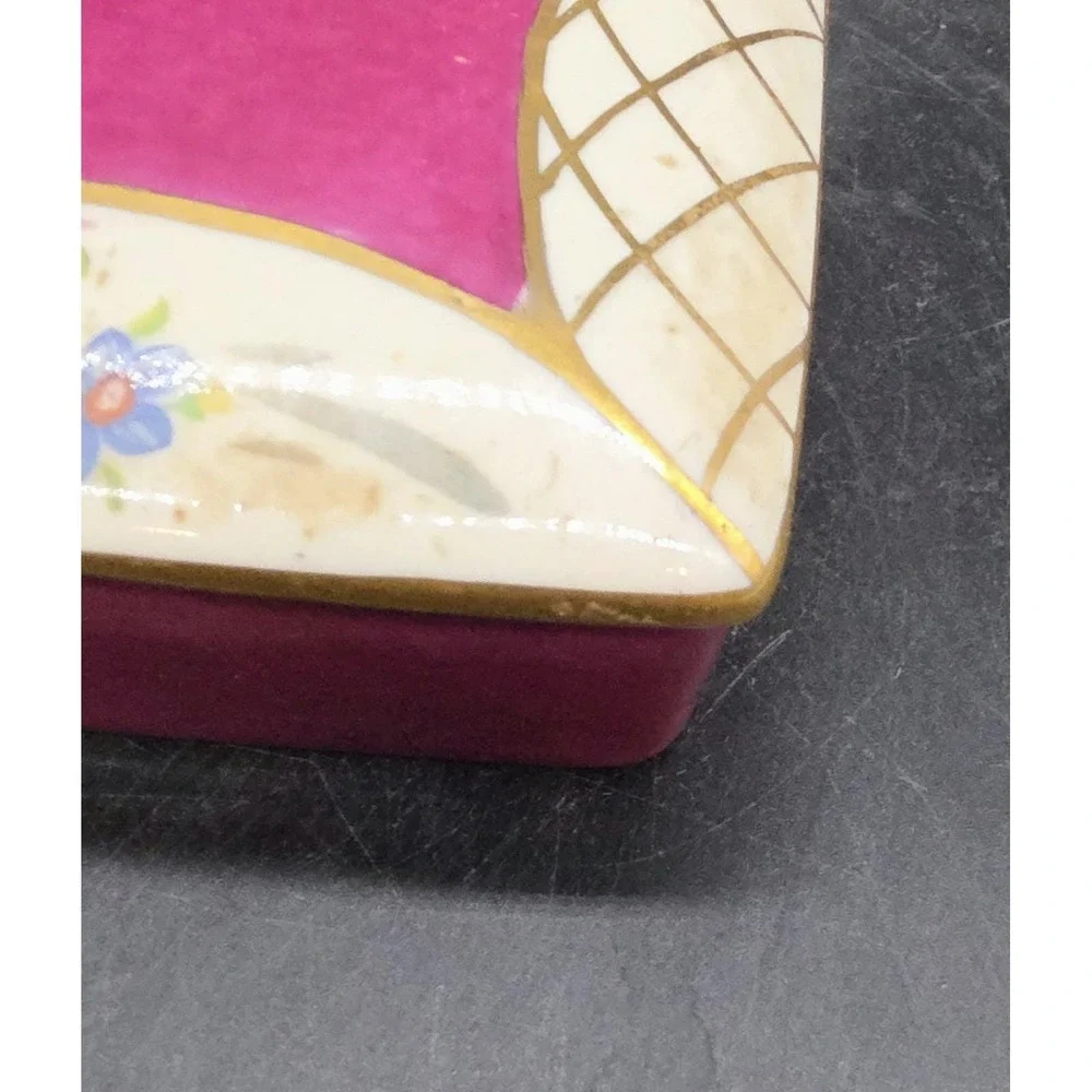 Vintage BW Hand Painted Porcelain Rectangular Trinket Dresser Box Flower Floral